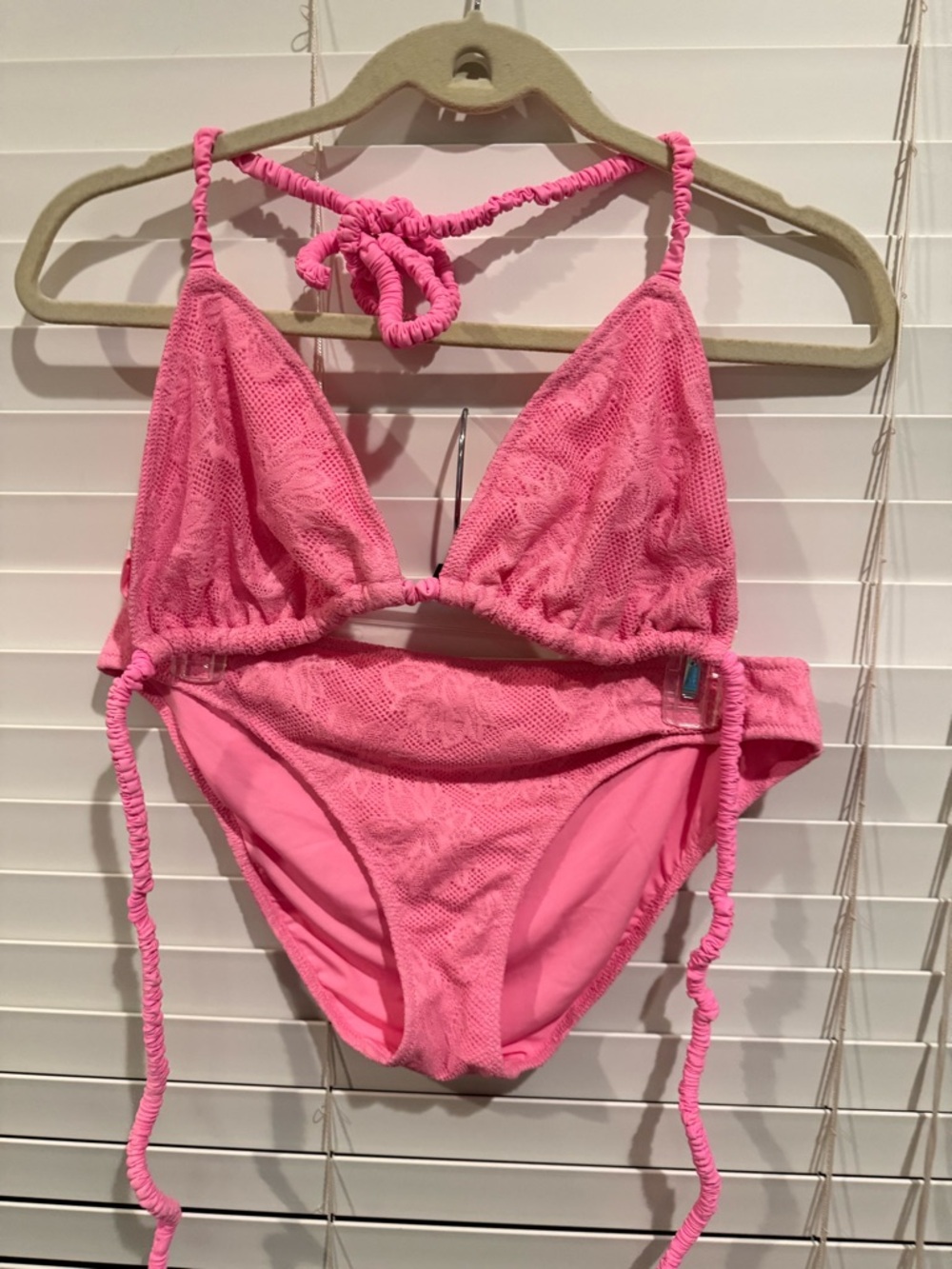 Aerie Hot Pink Lace Triangle Bikini Set Swimsuit